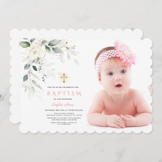 Invitation Fleurs blanches Airy Feuilles Photo Girl Gold Bapt (Devant / Derrière)