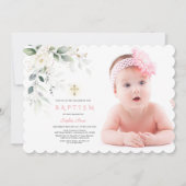 Invitation Fleurs blanches Airy Feuilles Photo Girl Gold Bapt (Devant)