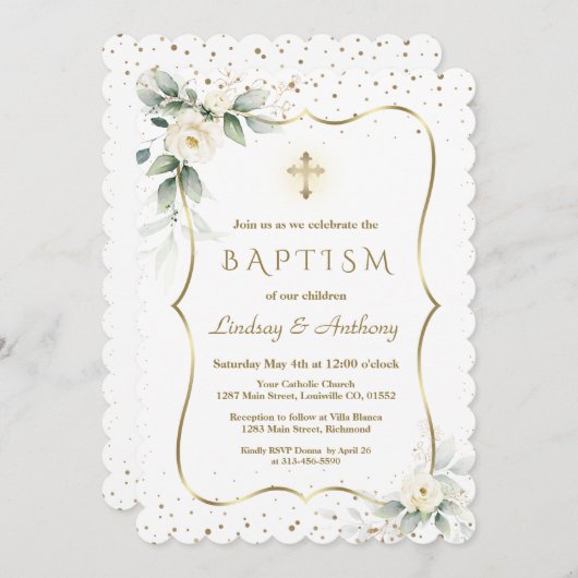 Invitation Fleurs blanches Airy Gold Cross Twins Baptême (Devant / Derrière)