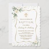 Invitation Fleurs blanches Airy Gold Cross Twins Baptême (Devant)