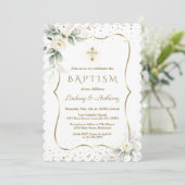 Invitation Fleurs blanches Airy Gold Cross Twins Baptême (Debout devant)
