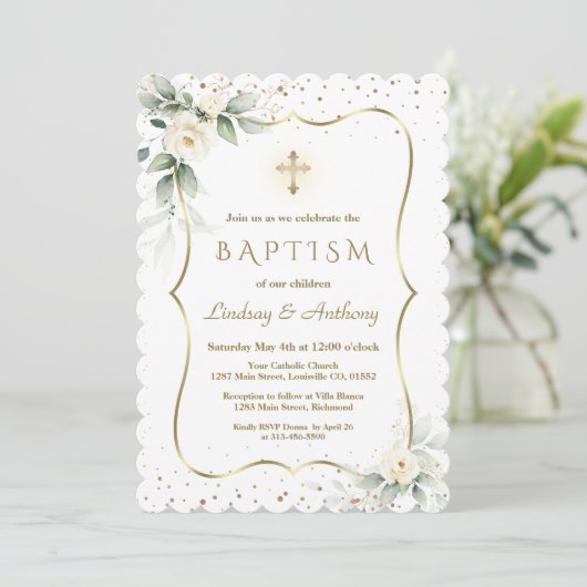 Invitation Fleurs blanches Airy Gold Cross Twins Baptême (Debout devant)