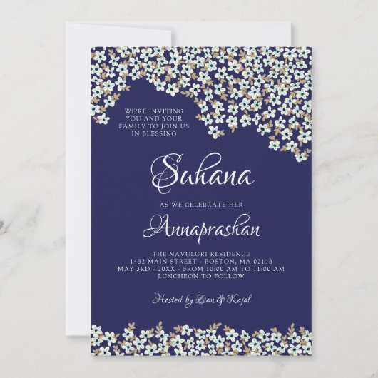 Invitation Fleurs blanches Annaprashan bleu (Devant)