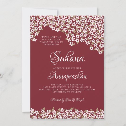 Invitation Fleurs blanches Annaprashan rouge (Devant)