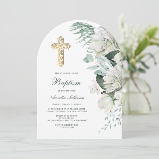 Invitation Fleurs blanches Arc vert Baptême (Debout devant)