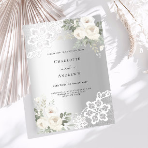 Invitation Fleurs blanches argentées 25e anniversaire mariage