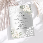 Invitation Fleurs blanches argentées 25e anniversaire mariage<br><div class="desc">Pour un 25ème anniversaire de mariage élégant et romantique. Un faux arrière - plan argenté décoré de fleurs blanches,  de roses et de dentelle blanche. Personnalisez et ajoutez vos noms et détails.</div>