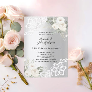 Invitation Fleurs blanches argentées 25e anniversaire mariage