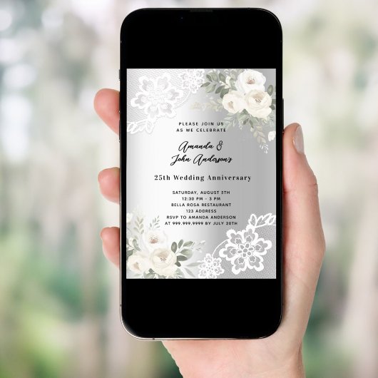Invitation Fleurs blanches argentées 25e anniversaire mariage