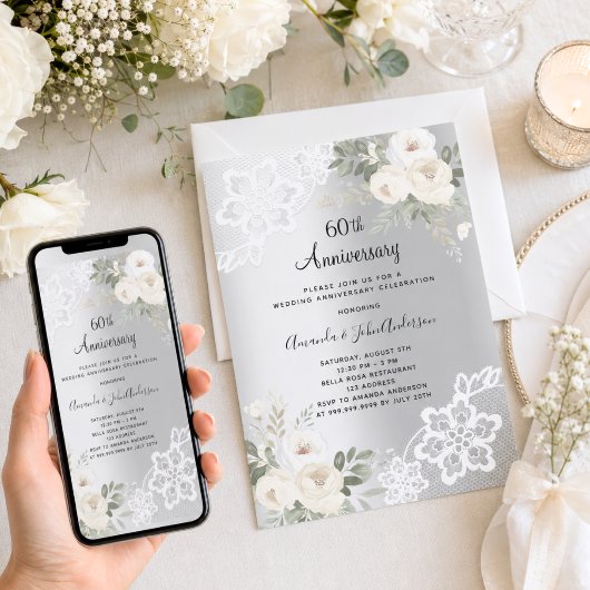 Invitation Fleurs blanches argentées 60e anniversaire de mari