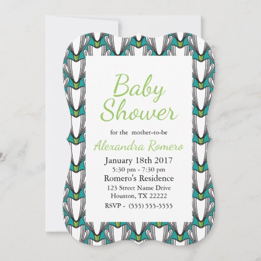 Invitation Fleurs blanches Art déco et Baby shower vert (Devant)