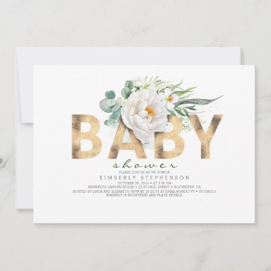 Invitation Fleurs blanches Baby shower de verdure et d'huile (Devant)