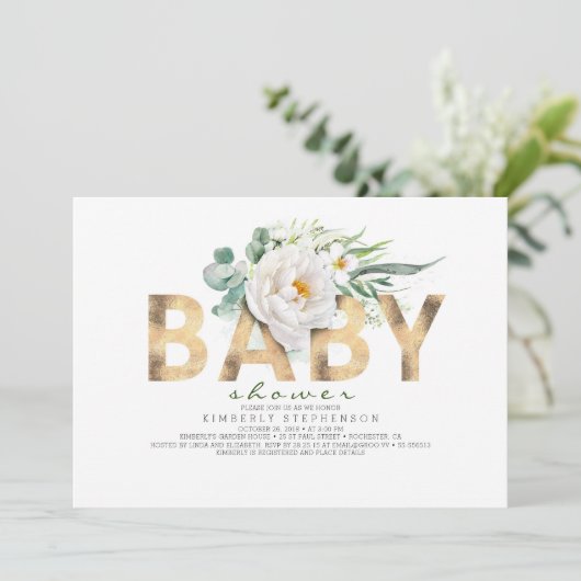 Invitation Fleurs blanches Baby shower de verdure et d'huile  (Debout devant)