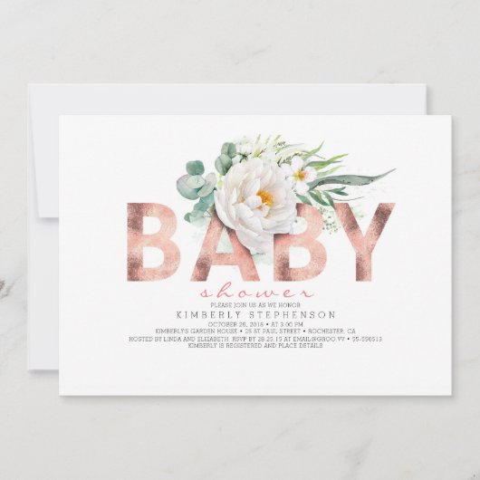 Invitation Fleurs blanches Baby shower vert et or Rose (Devant)