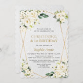 Invitation Fleurs blanches baptême 1er anniversaire (Devant / Derrière)