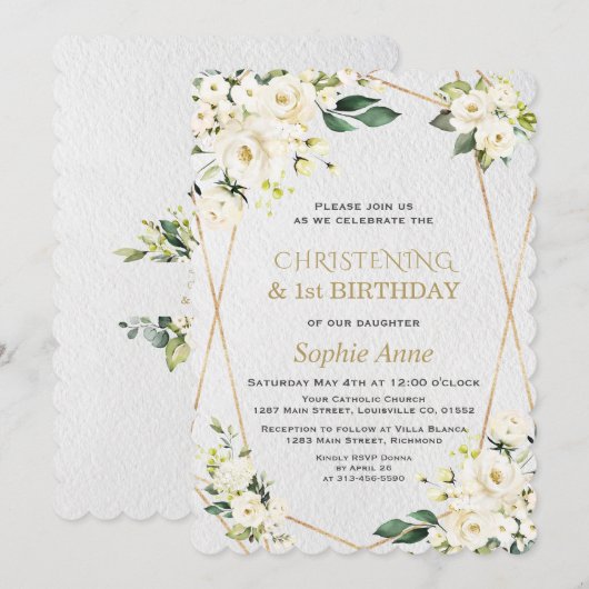 Invitation Fleurs blanches baptême 1er anniversaire (Devant / Derrière)