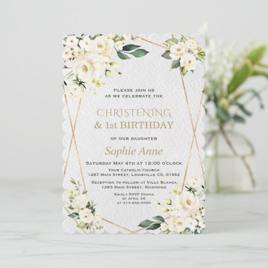 Invitation Fleurs blanches baptême 1er anniversaire (Debout devant)