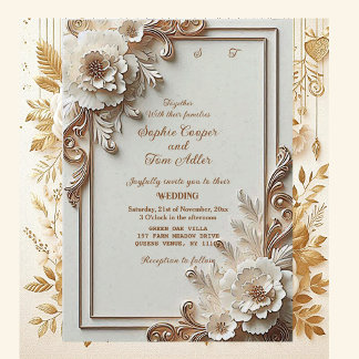 Invitation Fleurs Blanches Baroques Opulence Cadre Ivoire Or 