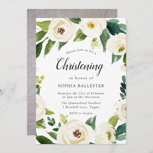 Invitation Fleurs blanches Bébé Photo Christening Baptême (Devant / Derrière)
