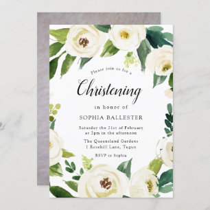 Invitation Fleurs blanches Bébé Photo Christening Baptême