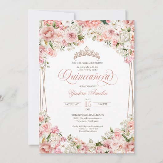 Invitation Fleurs blanches blanches roses élégantes Quinceañe (Devant)