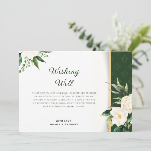 Invitation Fleurs blanches Bleu Bord Or Wishing well (Debout devant)