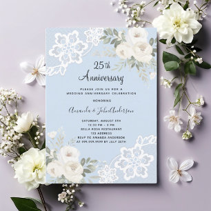 Invitation Fleurs blanches bleues 25e anniversaire de mariage