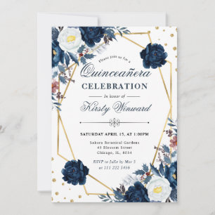 Invitation Fleurs Blanches Bleues d'Hiver et Cadre Quinceaner