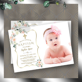 Invitation Fleurs blanches bleues Gold Frame Photo Baptême