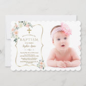 Invitation Fleurs blanches bleues Gold Frame Photo Baptême (Devant)