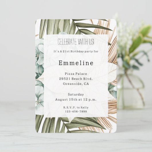 Invitation Fleurs blanches bleues tropicales Anniversaire   (Debout devant)