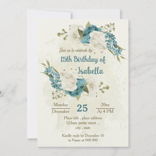 Invitation fleurs blanches bleues verdure anniversaire (Devant)