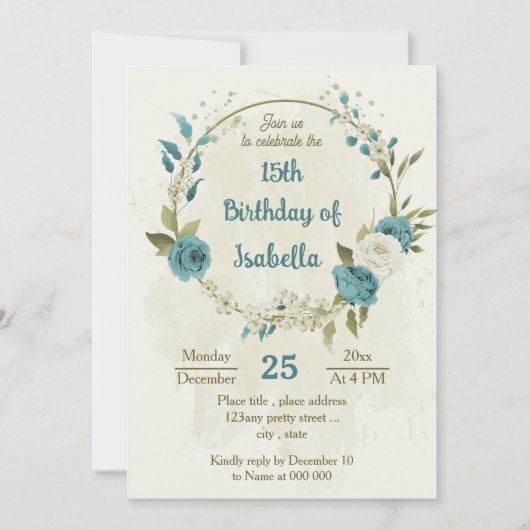 Invitation fleurs blanches bleues verdure anniversaire (Devant)