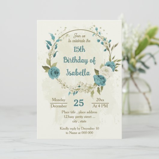 Invitation fleurs blanches bleues vert anniversaire (Debout devant)