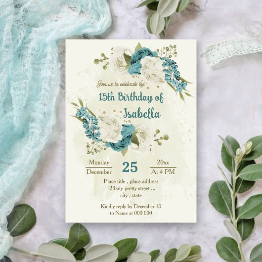 Invitation fleurs blanches bleues vert anniversaire