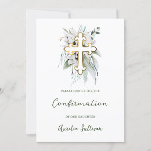 Invitation Fleurs blanches Bouquet vert Confirmation