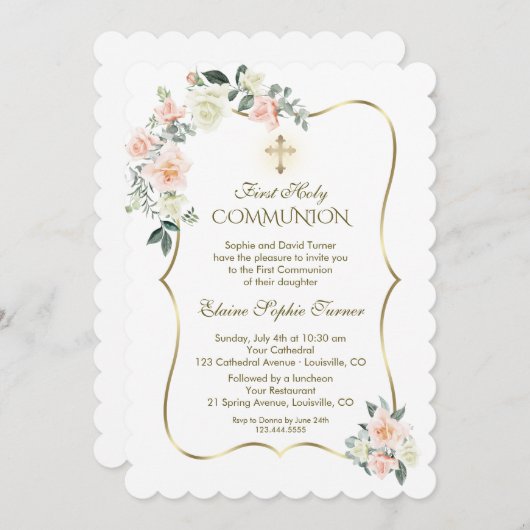 Invitation Fleurs blanches brillantes délicates Première Comm (Devant / Derrière)