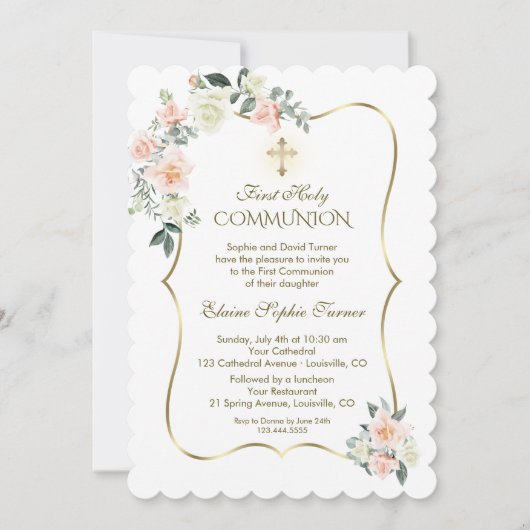 Invitation Fleurs blanches brillantes délicates Première Comm (Devant)