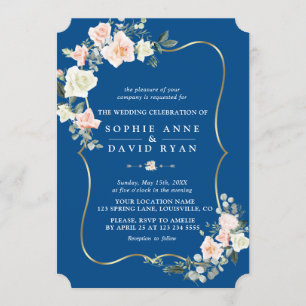 Invitation Fleurs blanches brillantes Gold Classic Blue Maria