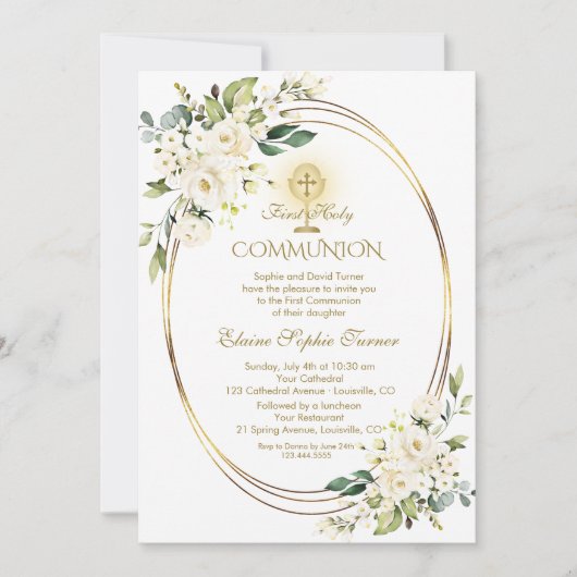 Invitation Fleurs blanches Chalice d'or Première communion sa (Devant)