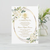 Invitation Fleurs blanches Chalice d'or Première communion sa (Debout devant)