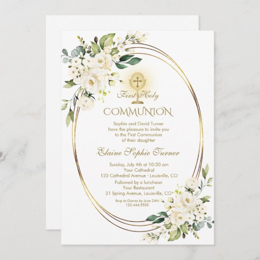 Invitation Fleurs blanches Chalice d'or Première communion sa (Devant / Derrière)