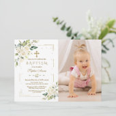 Invitation Fleurs blanches chic Gold Girl Photo Baptême (Debout devant)