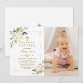Invitation Fleurs blanches chic Gold Girl Photo Baptême (Devant / Derrière)
