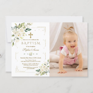 Invitation Fleurs blanches chic Gold Girl Photo Baptême