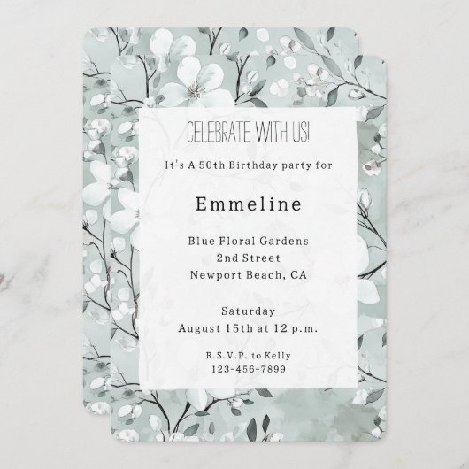 Invitation Fleurs blanches chic gris (Devant / Derrière)