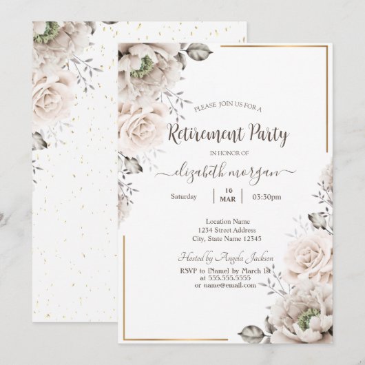 Invitation Fleurs blanches chic pour la retraite (Devant / Derrière)