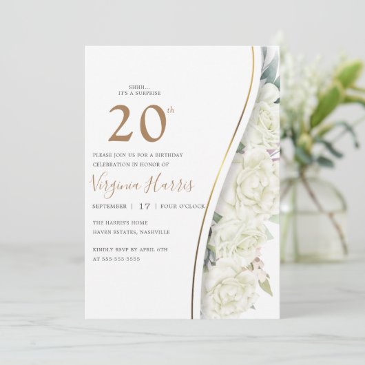 Invitation Fleurs blanches chic Vingt-20e anniversaire (Debout devant)