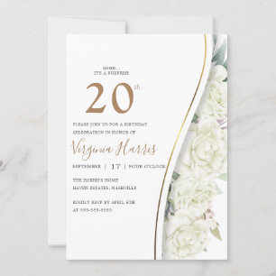 Invitation Fleurs blanches chic Vingt-20e anniversaire