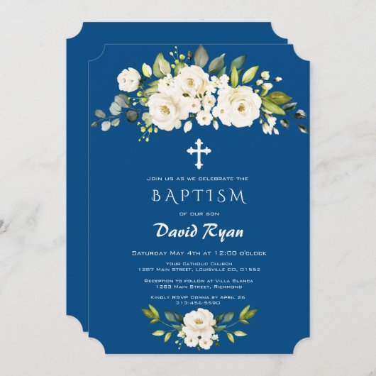 Invitation Fleurs blanches Classique Baptême garçon bleu (Devant / Derrière)
